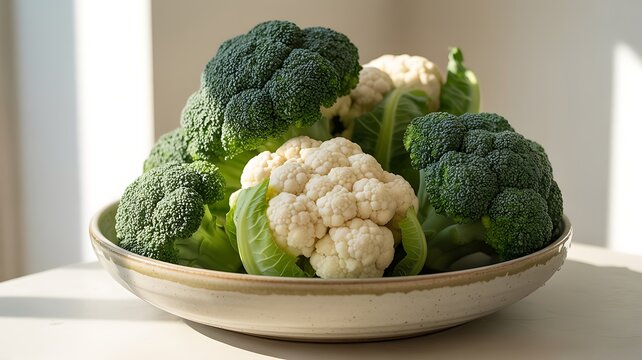 Fresh broccoli and cauliflower in a bowl on a table indoors