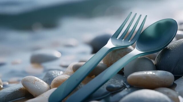 Algae bioplastic straw and cutlery set displayed in studio on wet stone surface with coastal pebbles, product photography style, turquoise algae pigment visible in material, minima