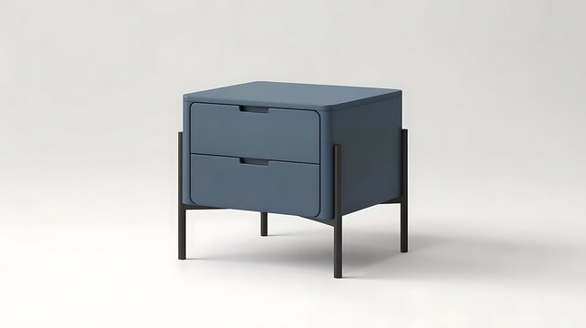 Modern blue nightstand with two drawers on metal legs isolated on white background