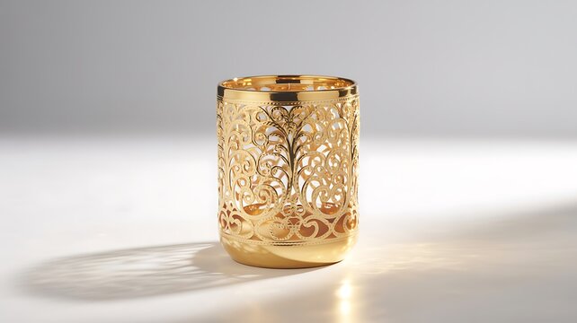 Golden ornate metal decorative vase or candle holder with tree design