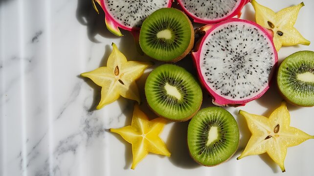 Sliced kiwi, dragon fruit, and starfruit on a marble surface
