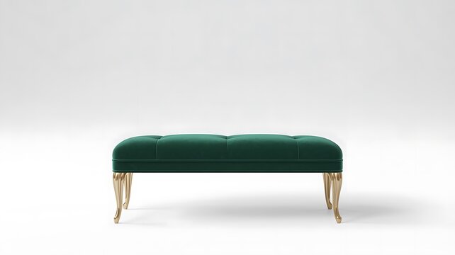 Green velvet ottoman with gold legs on white background