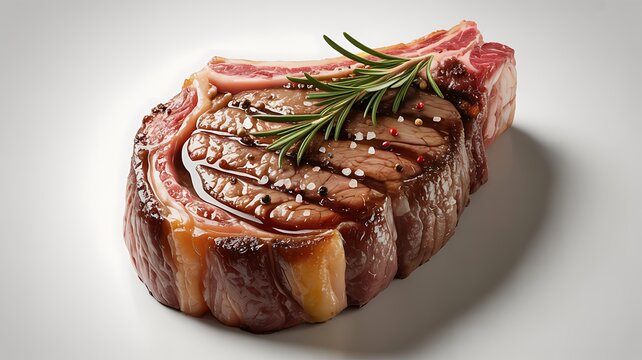 A raw steak with rosemary and spices on a white background