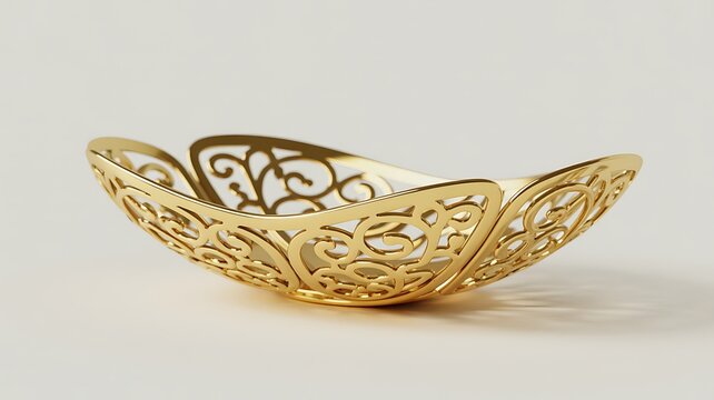 Golden decorative bowl with intricate filigree design on cream background