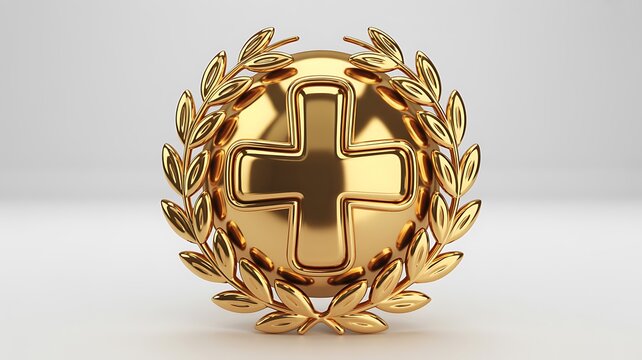 Golden laurel wreath with cross symbol on shiny medal or award