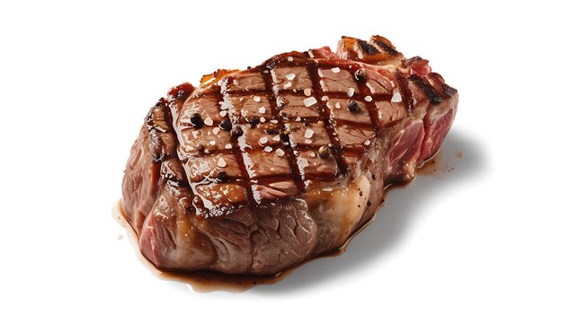 Grilled steak with grill marks and seasonings on white background