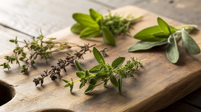 Fresh herbs on a wooden cutting board for cooking and culinary use