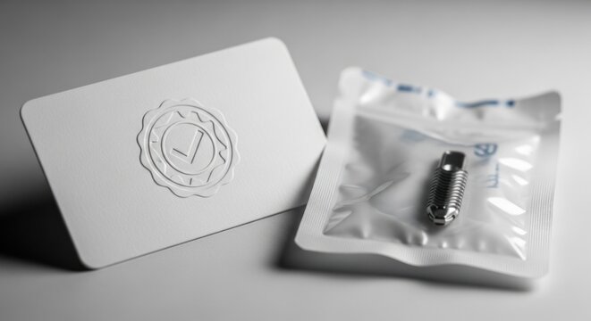 A dental implant screw in sterile packaging rests beside a white quality certificate card with an embossed checkmark seal.