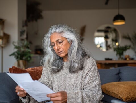 A 70-year-old Middle Eastern woman with tan skin and grey hair wears a sweater and reads documents while sitting on a sofa.