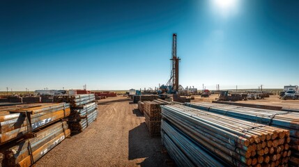 Fototapeta premium Large drilling rig stands centered in a wide yard view with stacked tubular steel pipes under a clear blue desert sky.