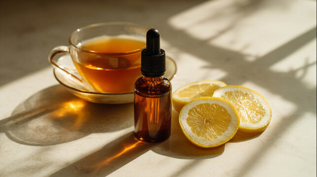 Natural wellness setup: propolis dropper, lemon slices and cup of tea in bright morning light