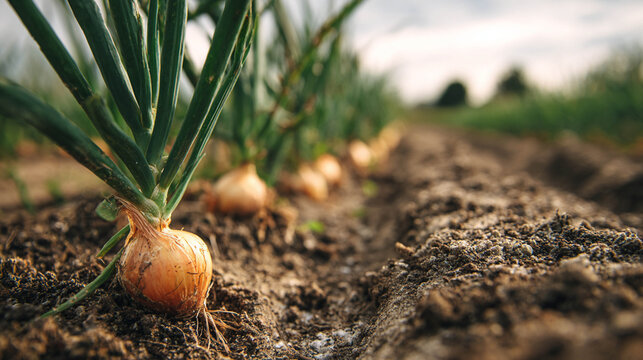 Onion plants growing in fertile soil on agricultural farm field