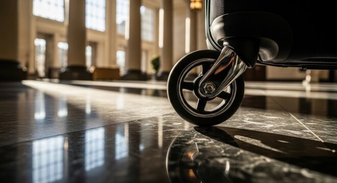Close-up view of a black spinner wheel of a suitcase rolling on the shiny floor of a modern airport terminal with sun rays.