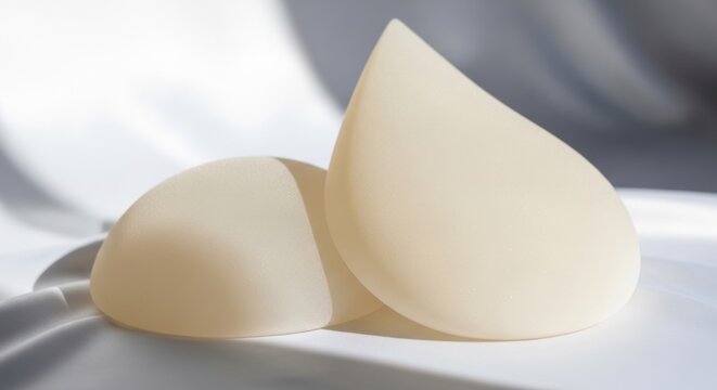 Medical silicone breast implants in round and teardrop shapes are displayed on elegant white silk fabric under soft lighting.