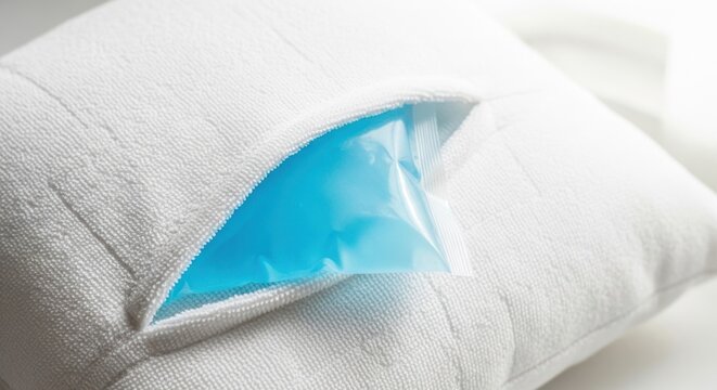 A blue gel pack is placed inside the pocket of a soft white cooling pillow for medical pain relief or fever reduction therapy.