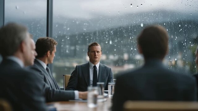 International cyber diplomacy negotiators in glass conference room overlooking rain soaked city, reviewing draft mutual attribution framework, bilateral treaty, cybersecurity polic