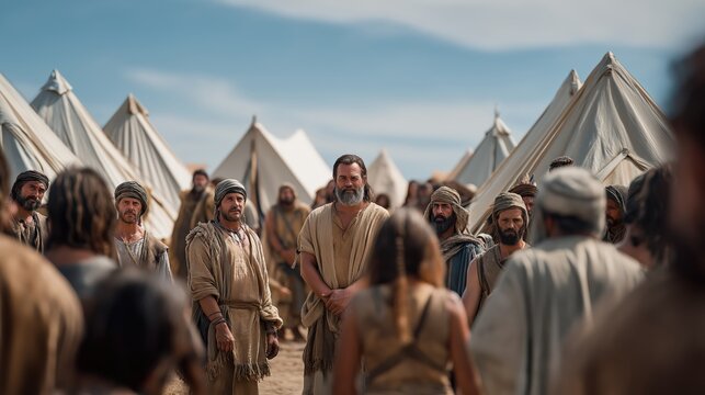 Joshua instructing the tribal leaders in a structured wilderness camp as messengers prepare the people with urgency and obedience.