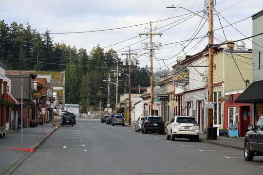 La Conner, WA, USA - April 16, 2026; Cityscape of 1st street in downtown La Conner Washigon in early morning