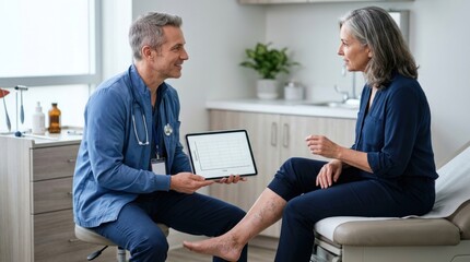Obraz premium Male doctor consults with senior female patient in modern clinic, showing medical information on tablet