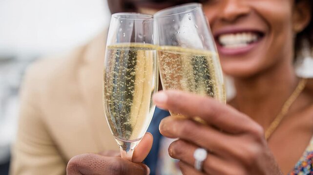 Hands holding champagne glasses with bubbles, mature woman toasting engagement ring, outdoor garden party setting, warm natural light, candid joyful cheers,
