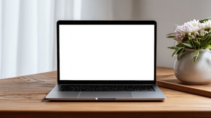 Fototapeta premium Laptop with plant on desk in bright room, home office setup, productivity concept, modern lifestyle, minimal design.
