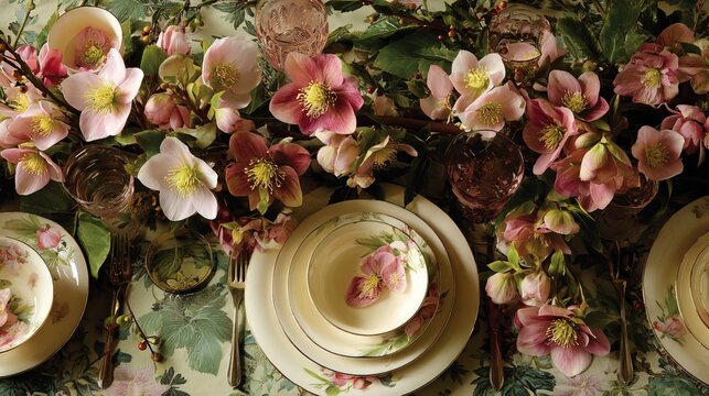Spring table settings feature blooming hellebore flowers.