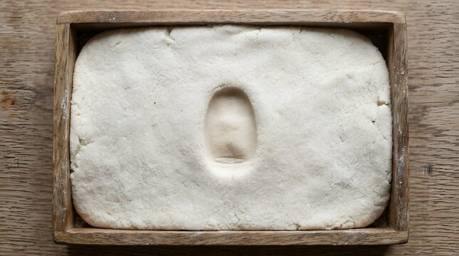 A pristine block of soft white dough in a rustic wooden tray features a thumbprint, symbolizing handmade quality and a personal touch.