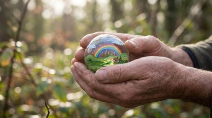 Naklejka premium Hands holding a crystal ball with miniature rainbow landscape