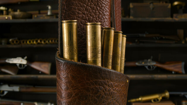 Polished brass ammunition in a leather belt, hunting and tactical equipment concept.