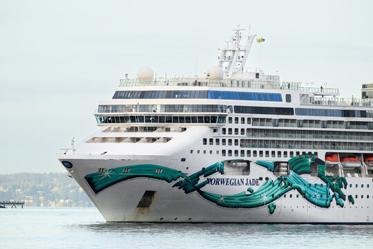 Seattle - April 17, 2026; Norwegian Jade cruise ship bow in close-up with name