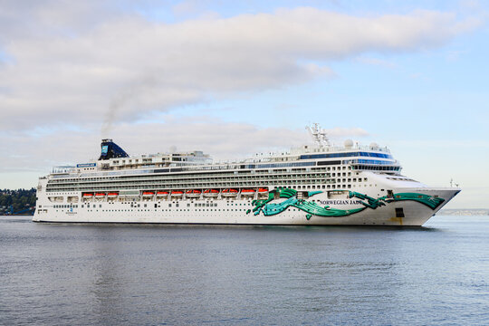 Seattle - April 17, 2026; Norwegian Jade cruise ship arrives in Seattle for Alaska Cruise Season