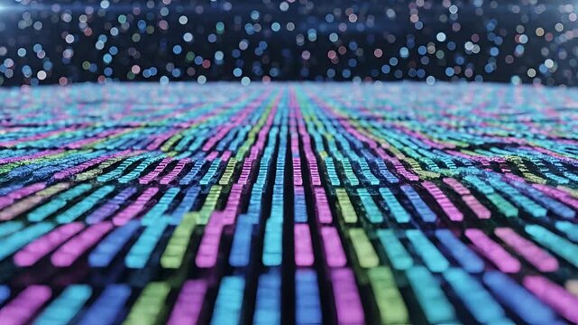 Abstract Digital Data Flowing Rows Colorful Lights Background.