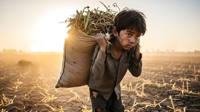 A young boy crouched in despair amidst farm work, illustrating child exploitation and trafficking. The golden hour lighting contrasts with the dark reality of forced labor and poverty
