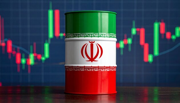 Iranian flag-painted oil barrel with financial chart background, red and green candlestick patterns, symbolizing oil industry and markets.
