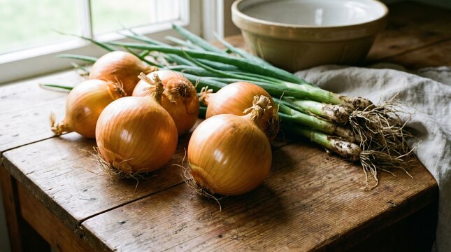 "Wicker basket of yellow onions on rustic wooden table near window, with fresh green onions, garden shears, and natural light highlighting textures and freshness."