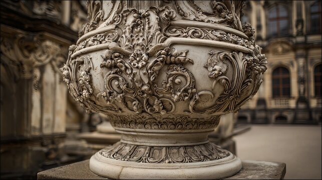 Stone vase with carvings sits at Zwinger Palace in Dresden, Germany, showing baroque art and elegant design.