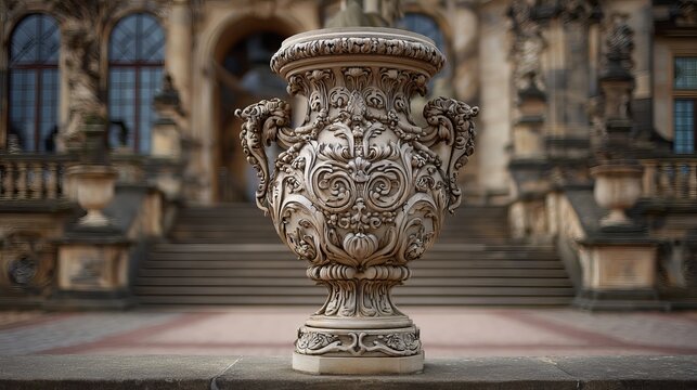 Stone vase with carvings sits at Zwinger Palace in Dresden, Germany, showing baroque art and elegant design.