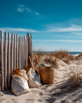 Beach Bag and Towel by Sand Fence for Summer Vacation Lifestyle