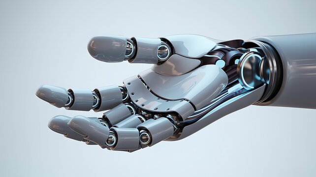 A robotic hand with metallic fingers and joints on a light gray background