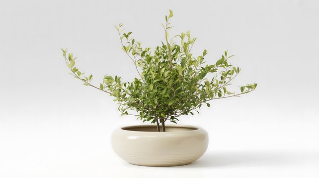 Small green plant in a white ceramic pot on a white background