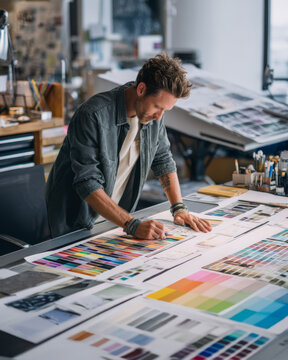 Designer Working on Color Proofs and Layouts in Creative Print Studio