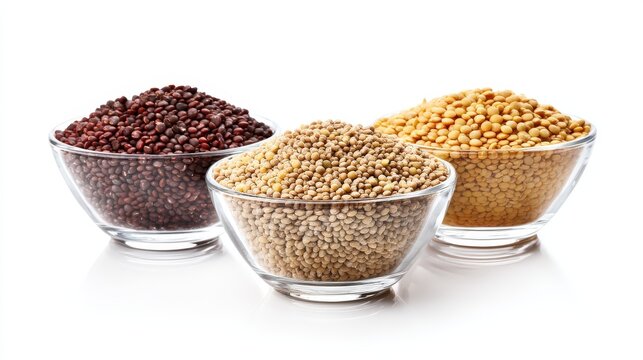 culinary ingredients display, a pristine display of masoor, toor, and urad daals in glass bowls on white