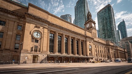 Naklejka premium Toronto's Union Station features a clock and tall buildings nearby.