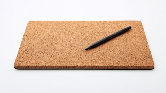 office supplies design, a rectangular cork desk mat on a white background with a sleek black pen