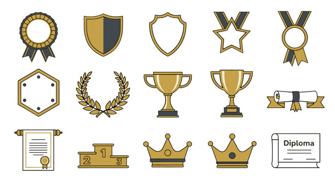 Collection of awards medals trophies and certificates