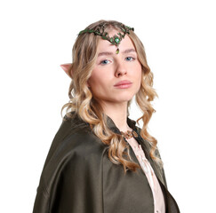 Naklejka premium Beautiful girl dressed as elf on white background