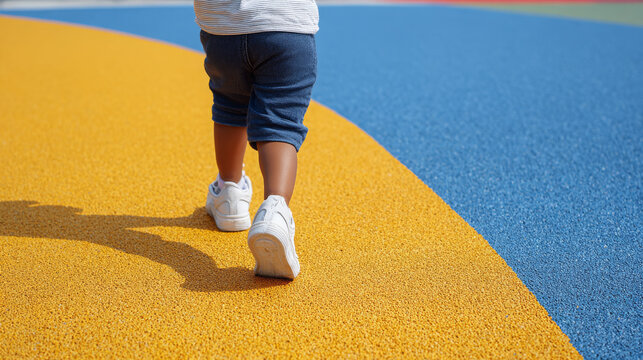 Child walking on colorful rubber playground surface with blue, yellow, and orange sections, wearing white sneakers and denim shorts, captured from behind in a sunny outdoor setting