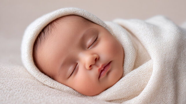 Newborn baby wrapped in soft white blanket sleeping peacefully on a textured surface, showcasing delicate features and serene expression in a calm environment