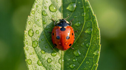 Fototapeta premium Close-up of red and black ladybug on green leaf with water droplets in sunlight