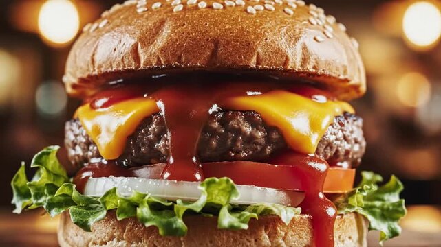 Closeup of a delicious, steaming cheeseburger with melted cheese, fresh lettuce, tomato, onion, and dripping sauce on a toasted sesame bun